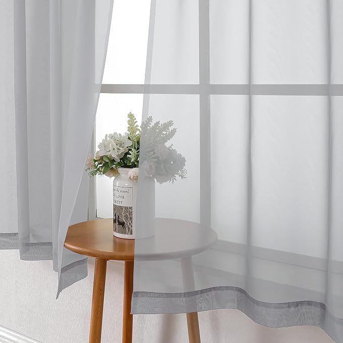 Light Grey Sheer Curtains 63 Inch Length 2 Panels, Light Filtering Solid Voile - Image 3