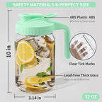 32oz Glass Pitcher with Lid &Pour Spout - 1 Quart Breastmilk Pitcher Double Leak Proof, Creamer Container for Sun Tea, Juice, Cold Brew Coffee, Breastmilk Storage Container -Green Lid