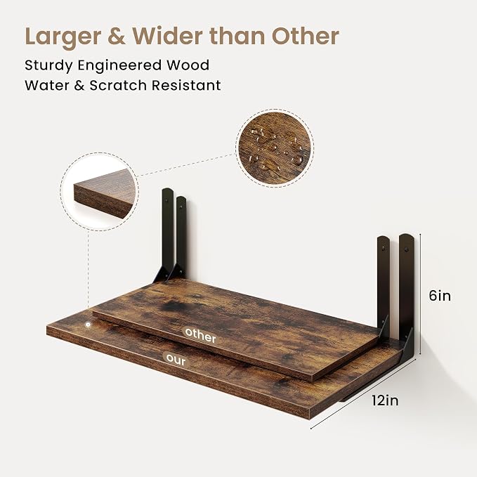 Fun Memories Rustic Brown 12 Inch Deep Floating Shelves Set of 2, Wall Mounted - Image 3