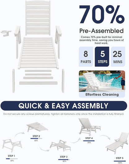 KINGYES HDPE Lounge Chair Outdoor Set of 2, Patio Chaise Lounge Recliner - Image 9