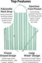 AMOUR INFINI Cotton Striped Aprons for Women with Pockets - Adjustable Strap and Waist Ties Printed Apron for Baking, Cooking, Gardening (27.5 x 33 Inches - Sage Green)