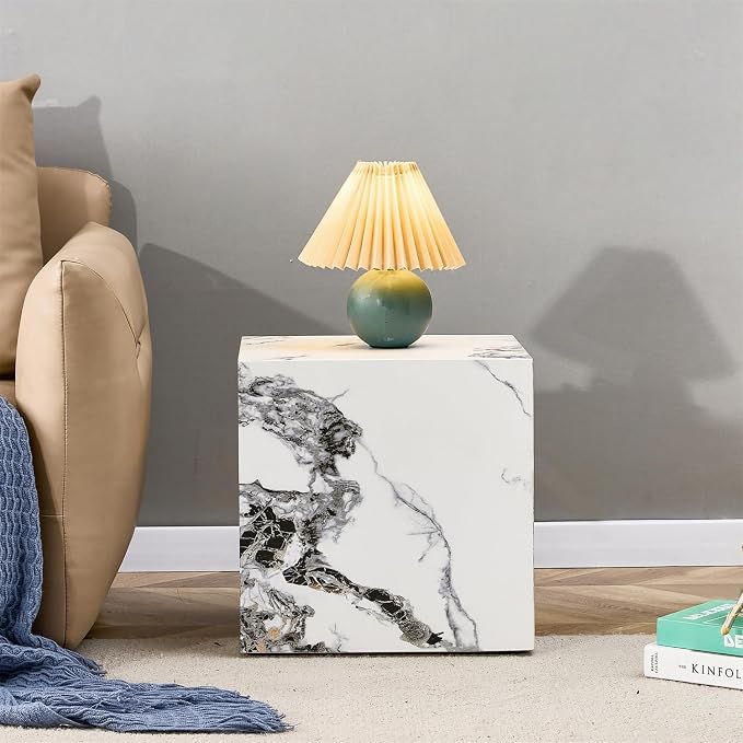 Side Table, End Table with White Marble Grain, Modern Beside Sofa Couch Tables by BAOPIN