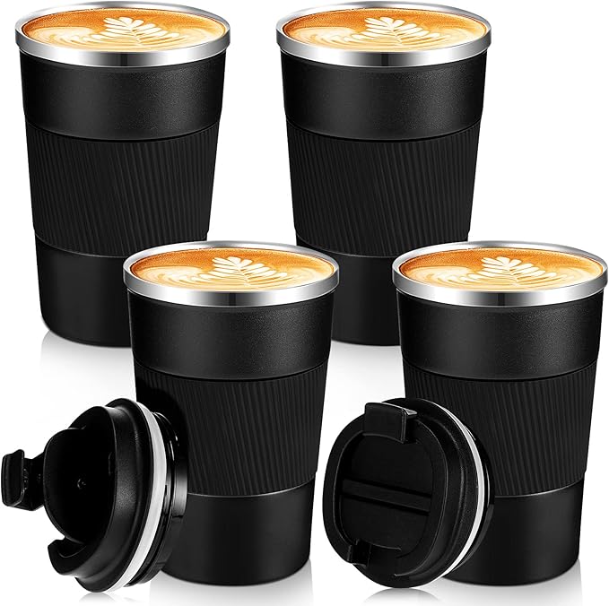 Sabary 4 Pack 16 oz Bulk Travel Coffee Mug with Lid Reusable Vacuum Insulated Coffee Tumbler Double Wall Thermal Stainless Steel Camping Tea Cup for Christmas Winter Drinks Employee Gift(Black)