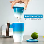 suyika Tomotime Ceramic Tea Cup with Infuser and Lid Tea Mugs Wooden Handle 400ml/13.5oz (Cyan blue)