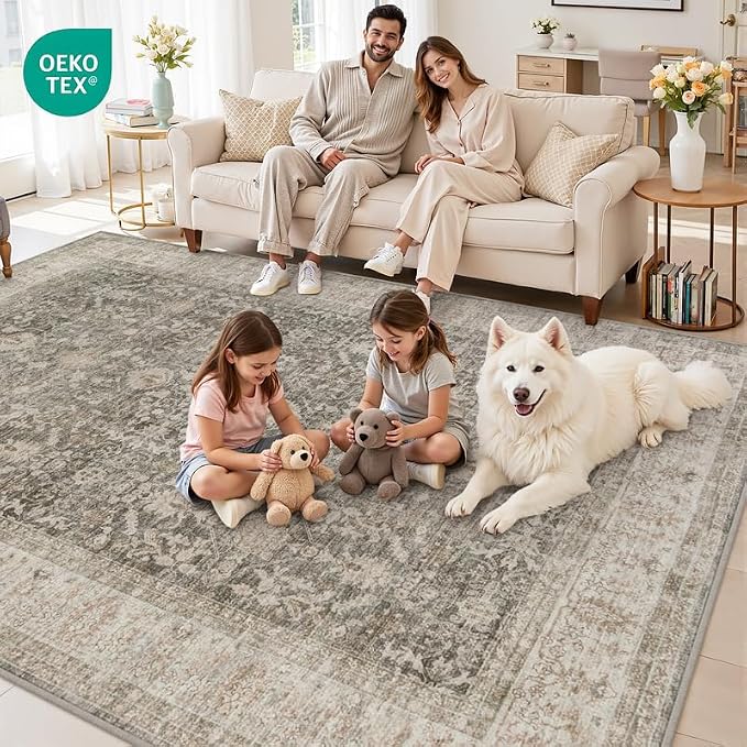 10x14 Area Rugs Living Room: Bedroom Washable Carpet Warm Taupe | Vintage Boho - Image 7