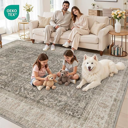10x14 Area Rugs Living Room: Bedroom Washable Carpet Warm Taupe | Vintage Boho - Image 7