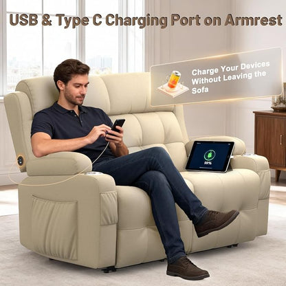 Reclining Loveseat with Pebble Texture Fabric, Loveseat Recliner with USB/Type - Image 4