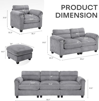 HAOMARKETS Corduroy Sofa Set, Upholstered Ottoman, Loveseat Set of 2, and - Image 2