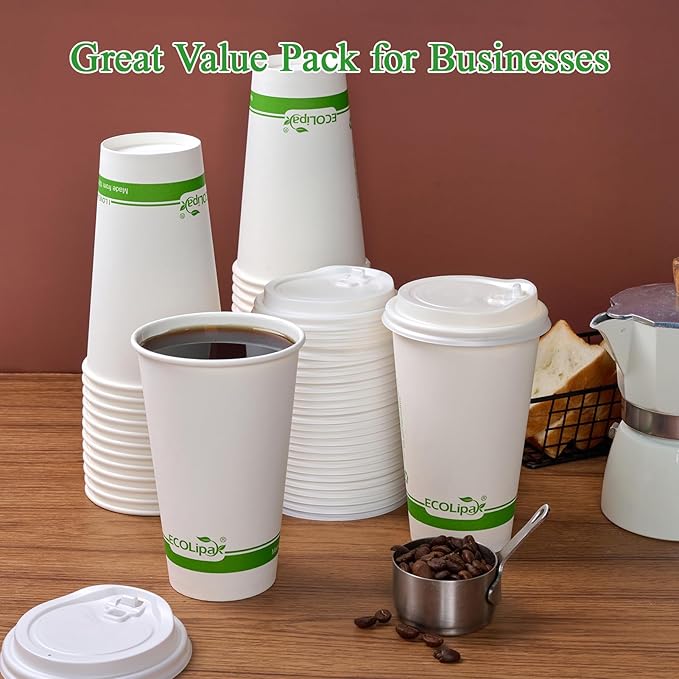 ECOLipak 100 Count 16 oz Compostable Paper Coffee Cups, Biodegradable Disposable Coffee Cups with CPLA Lid, Eco-friendly Hot Drinking Cups for Party, Picnic, Travel,and Events