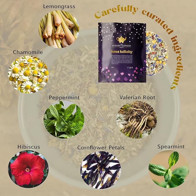 Luna Lullaby Sleep Tea, Organic Loose Leaf Herbal Tea – Calming, Relaxing Bedtime Tea – Chamomile, Valerian Root, Peppermint – 8 oz Resealable Bag (Makes 100 Cups) – The Elegant Elephant