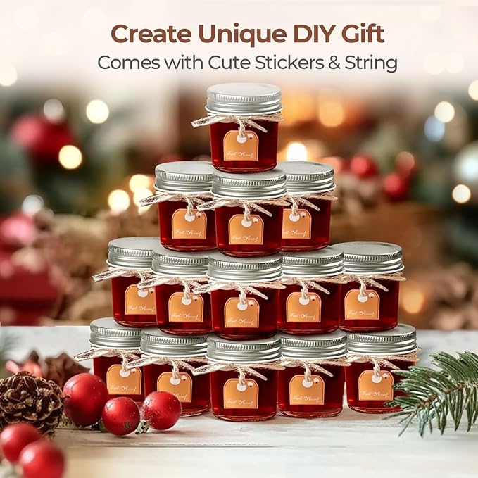 ComSaf Small Mason Jars 2 oz, 48 Pcs Mini Mason Containers, Small Canning Jars, Mini Glass Jar with Lids for Ginger Shots, Honey, Jams, Sauces, Spices, DIY Candle Decor, Wedding & Baby Shower Favors