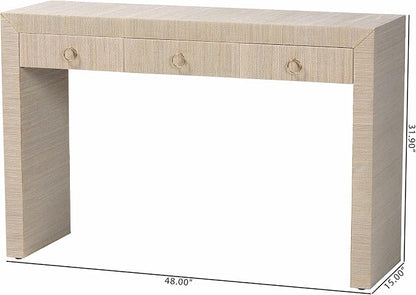 bali & pari Cielo Bohemian Woven Natural Grasscloth 3-Drawer Console Table - Image 3