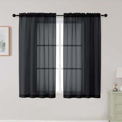 Black Sheer Curtains for Bedroom Living Room 45 Inch Length 2 Panels, Soft Airy by WelvetBLK