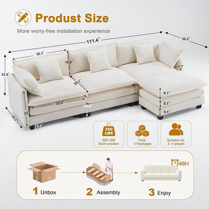 111.4" L-Shaped Cloud Chenille Sofa Sectional Couch - Image 2
