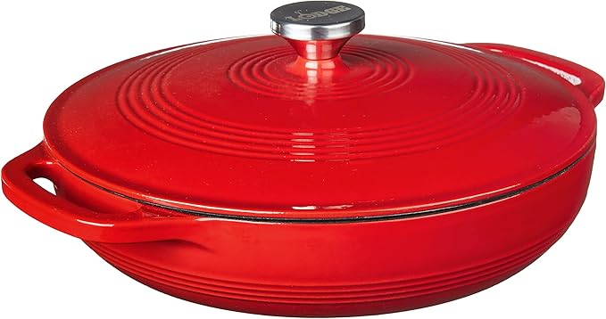 Lodge 3.6 Quart Enameled Cast Iron Covered Casserole with Lid – Dual Handles – Oven Safe up to 500° F or on Stovetop - Use to Marinate, Cook, Bake, Refrigerate and Serve – Solid Red
