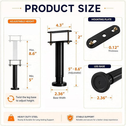4Pcs Bed Frame Support Leg, Adjustable Height 5"-8.6", Extra Sturdy Steel Bed - Image 2