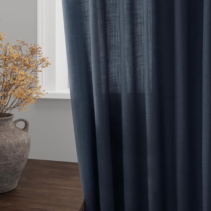 Vintage Blue Linen Curtains 102 Inches Long Rod Pocket Back Tab Drapes 2 Panels - Image 4