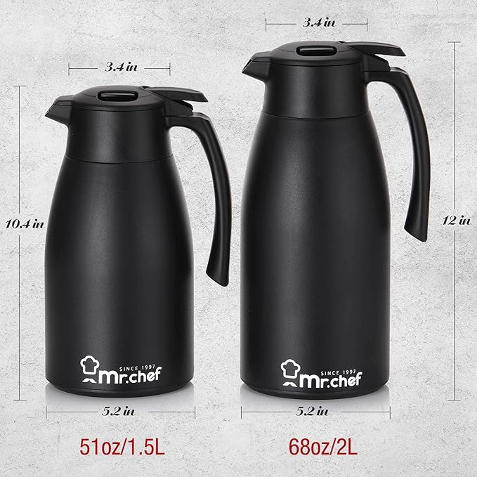 SINCE 1997 MR.CHEF 51Oz Thermal Coffee Carafe, Insulated Stainless Steel Coffee Carafes for Keeping Hot/Double Walled Vacuum Coffee Carafe (Black, 1.5L)