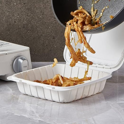 8X8" 1-Compartment 50Pack Plastic Clamshell Take Out Food Containers Heavy-Duty Togo Disposable Lunch Box With Secure Snap Hinged Lid Meal Prep for Parties Restaurants and Food Trucks Microwave Safe