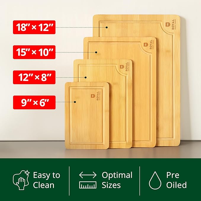 ROYAL CRAFT WOOD Wooden Cutting Boards for Kitchen Meal Prep & Cutting - Bamboo Wood Cutting Board Set with Deep Juice Groove Side Handles - Charcuterie & Chopping Butcher Block for Meat (4 Pcs)