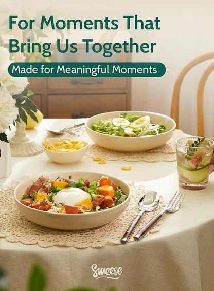 Sweese 30 Oz Salad Serving Bowls Set of 6, 8.4 Inch, Porcelain Pasta Plates - Microwave Dishwasher Safe, Beige