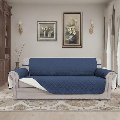 Easy-Going Reversible Couch Cover, 3 Cushion Sofa, Dark Blue/Ivory | Machine - Image 2