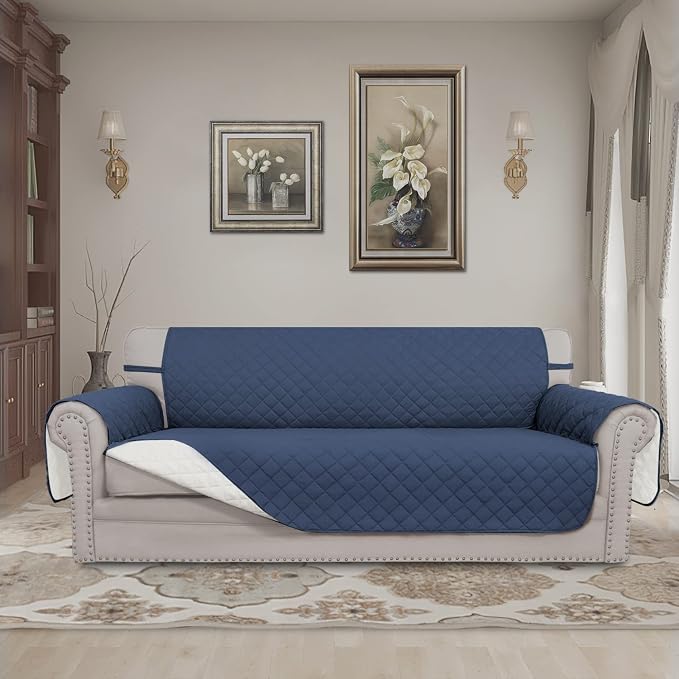 Easy-Going Reversible Couch Cover, 4 Seater Sofa, Dark Blue/Ivory | XX-Large - Image 2
