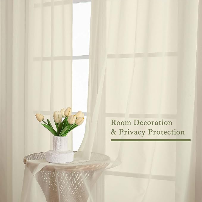 Cream Sheer Curtains 120 Inches Long 2 Pcs, Rod Pockets Voile Living Room - Image 4