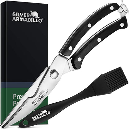 Heavy Duty Stainless Steel Poultry Shears For Bone, Chicken, Meat, Fish, Seafood, Vegetables. Premium Spring Loaded Food Scissors. One piece Kitchen Shears. (Black Wooden Handles)