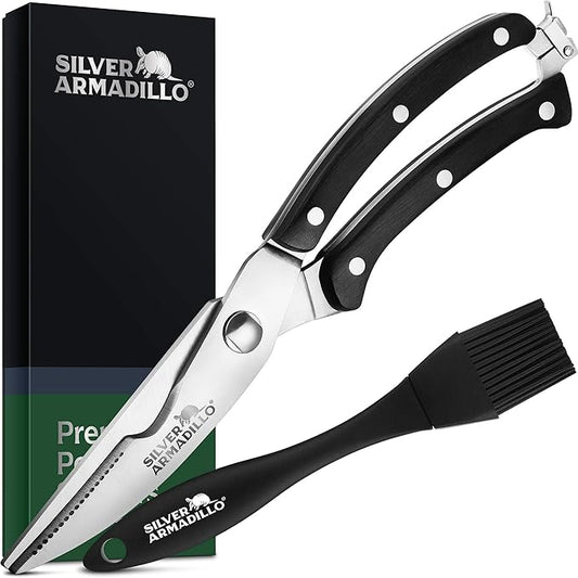 Heavy Duty Stainless Steel Poultry Shears For Bone, Chicken, Meat, Fish, Seafood, Vegetables. Premium Spring Loaded Food Scissors. One piece Kitchen Shears. (Black Wooden Handles)