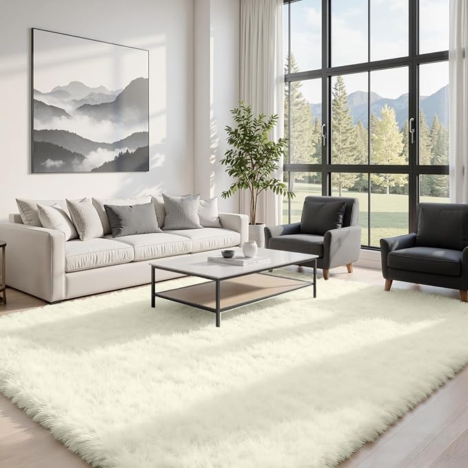 5x8 Fluffy Shag Area Rugs for Living Room Bedroom: Soft Carpet Cream White | - Image 3