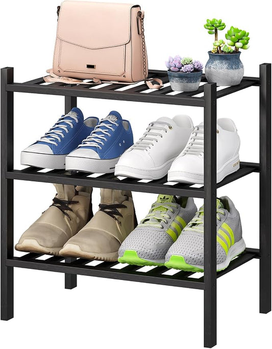 viewcare Small Shoe Rack for Entryway, 3-Tier Black Bamboo Shoe Organizer for by VIEWCARE