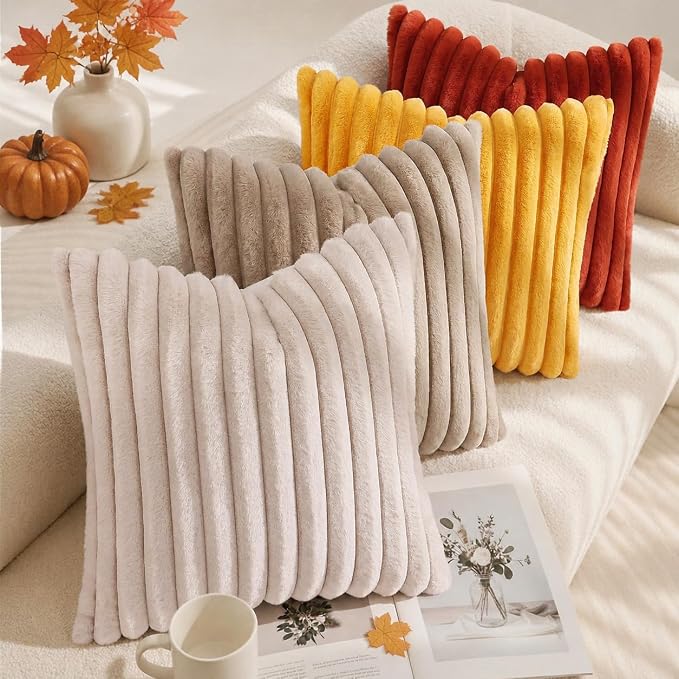 decorUhome Fall Faux Fur Throw Pillow Covers 24x24 Set of 2 Rust | Decorative - Image 5