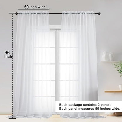 Sheer White Curtains, Sheer Curtains 96 inches Long 2 Panels Set, Rod Pocket - Image 2