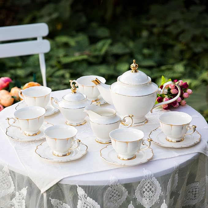 ACMLIFE Tea Sets for Adults Fine Bone China Tea Set for 6, Porcelain Teapot Sets for Adults 24K Gold, Afternoon Modern Cups and Saucers for Women Tea Party or Gifts Giving (White)