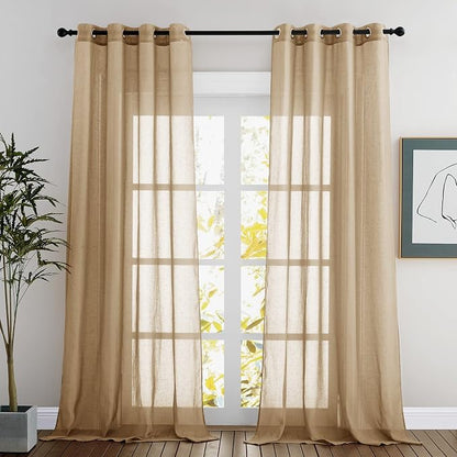 NICETOWN Sheer Linen Curtains Flax Texture 90 inch Long, Grommet Semi Sheer by NICETOWN