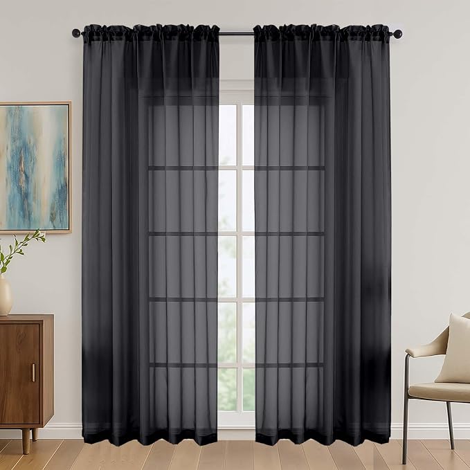 Black Sheer Curtains 84 Inches Long 2 Panels Set, Light Filtering Sheer Curtains by OVZME