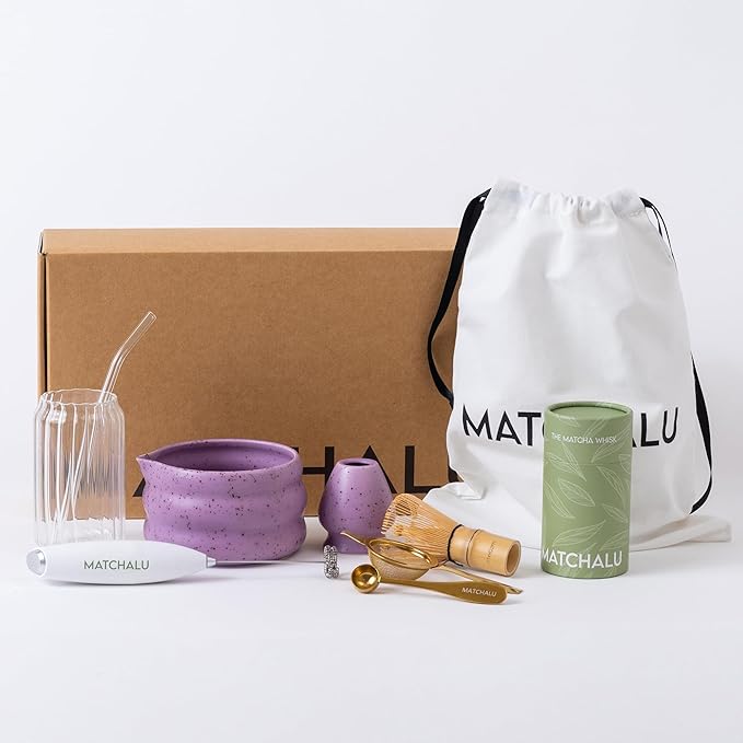 Premium 9 Piece Matcha Set Includes Ceramic Matcha Bowl, Bamboo Whisk & Holder, Stainless Steel Spoon & Sifter, Glass Cup & Straw, Electric Frother, Storage Bag - Gift for Matcha Lovers (Purple)