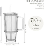 KEMORELA 4PCS 24oz Ribbed Glass Tumblers with Lids & Straws – Textured Handle Drinking Glasses for Iced Coffee, Smoothies, Cold Beverages – Reusable Clear Drinkware Set, Dishwasher Safe