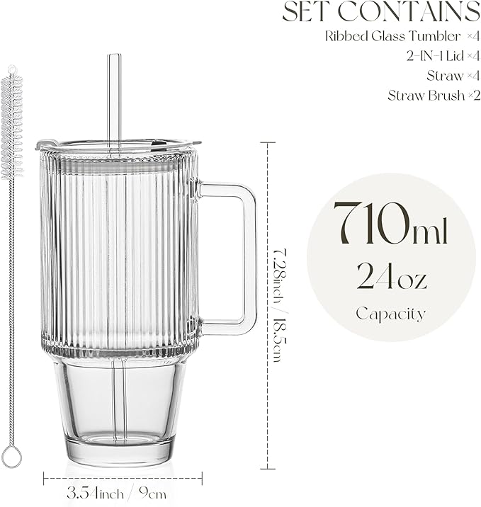 KEMORELA 4PCS 24oz Ribbed Glass Tumblers with Lids & Straws – Textured Handle Drinking Glasses for Iced Coffee, Smoothies, Cold Beverages – Reusable Clear Drinkware Set, Dishwasher Safe