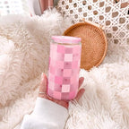 Checker 16 Oz Can Glass Tumbler with Acrylic Lid and Straw - Iced Coffee Cups for Women, Aesthetic Glass Cup Gift for Birthday Christmas