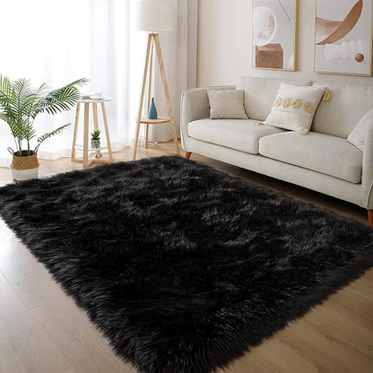 Latepis Black Rugs for Bedroom 3x5 Throw Rug Shag Washable Faux Fur Sheepskin - Image 7
