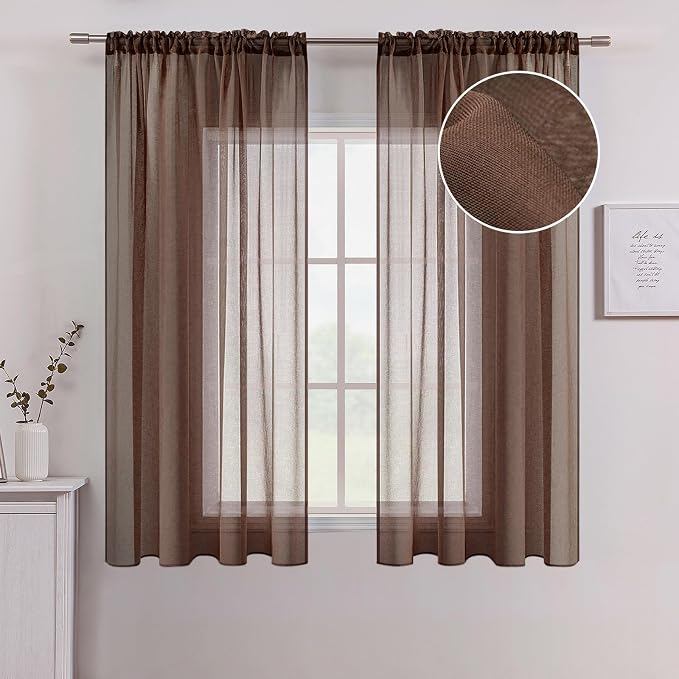 MIULEE Chocolate Brown Linen Textured Sheer Curtains 54W×63L by MIULEE