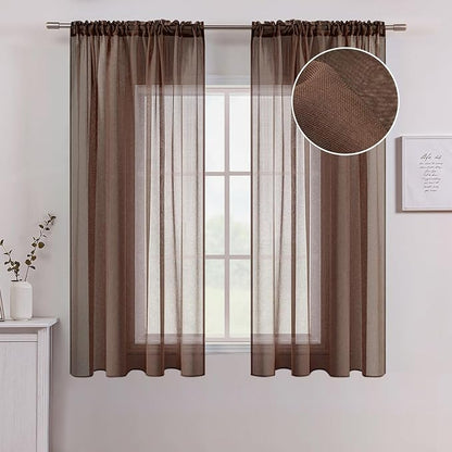 MIULEE Chocolate Brown Linen Textured Sheer Curtains 54W×63L by MIULEE