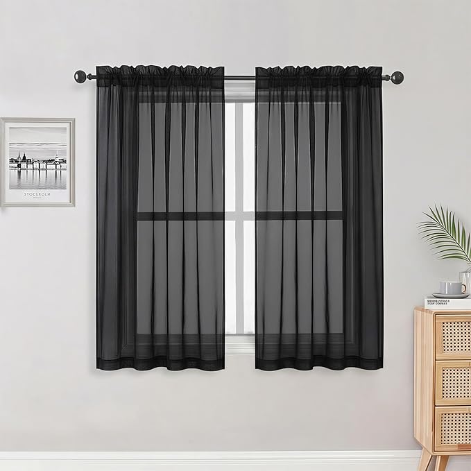 Sheer Black Curtains 84 Inch Length 2 Panels Set by OWENIE