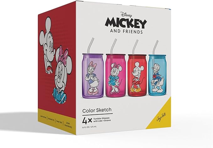 JoyJolt Disney Mickey Mouse and Friends Color Sketch Glass Tumblers with Lids and Straws, 16oz Glass Cups with Lids and Straws, Can Shaped Drinking Glasses Set of 4, Disney Gifts for Adults