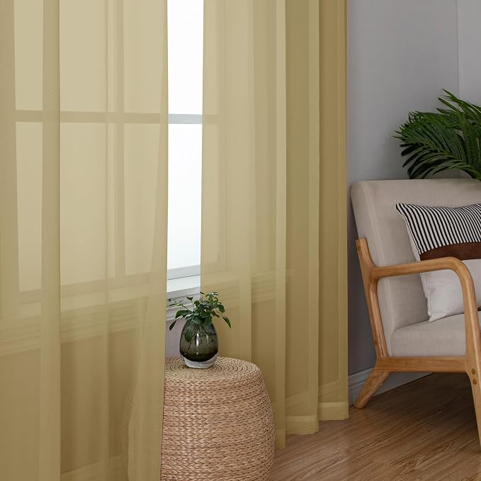 Gold Sheer Curtain 96 Inch Long 2 Panels Set, Light Filtering Clear Rod Pocket - Image 3