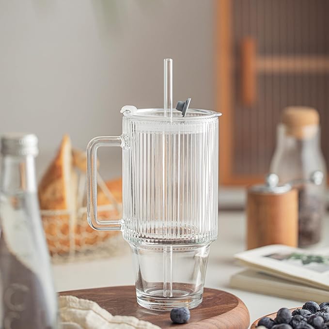 KEMORELA 2-Pack 24 Oz Ribbed Glass Tumblers with Lids and Straws, Handle Iced Coffee Cups, Clear Reusable Drinkware for Smoothies, Cold Beverages - Dishwasher Safe
