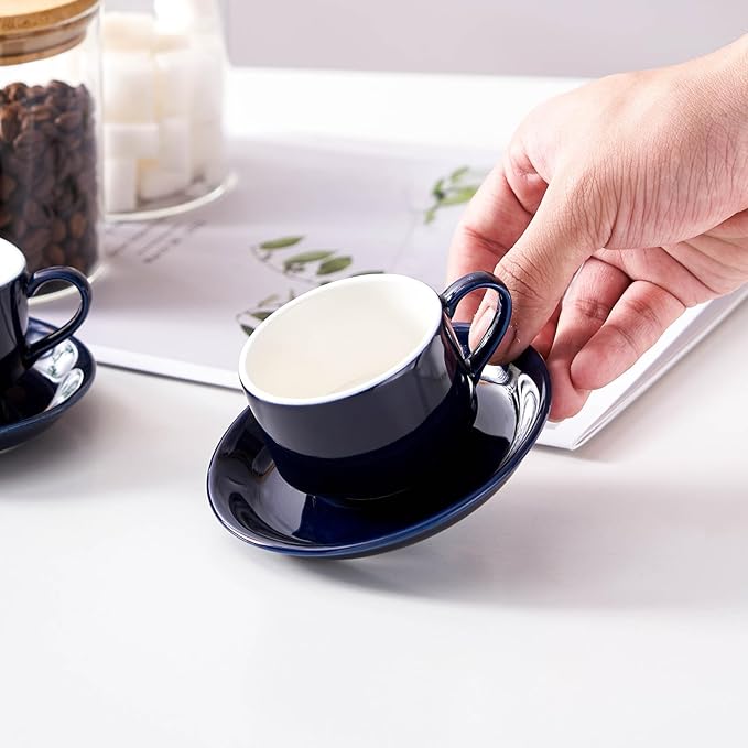 2.5 Ounce Porcelain Espresso Cups with Saucers and Silver Stand, Navy Stackable Cups Set of 4