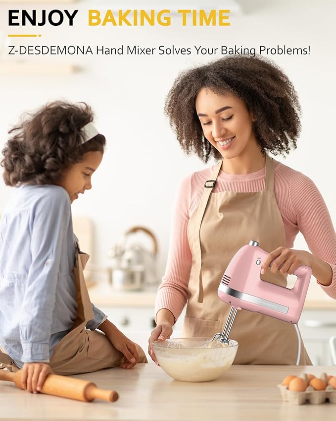 Electric Hand Mixer, Powerful 300W Hand Mixer Electric Handheld with 304 Beaters, Dough Hook,Hand Held Mixer with Turbo for Baking Cakes, Eggs, Cream Food(Pink)